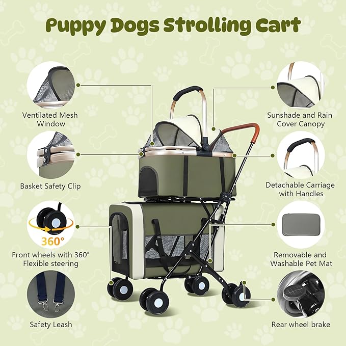 Double Pet Stroller for Dogs and Cats, One-Step Folding Dog Stroller Travel Carriage for Small Medium Dogs Cats, 2 Detachable Carrier Bags, 4 Lockable Wheels (Army Green)