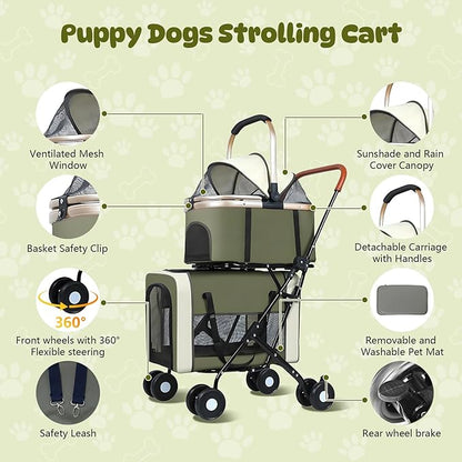 Double Pet Stroller for Dogs and Cats, One-Step Folding Dog Stroller Travel Carriage for Small Medium Dogs Cats, 2 Detachable Carrier Bags, 4 Lockable Wheels (Army Green)