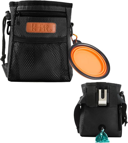 Dog Treat Training Pouch Easily Carries Pet Toys Kibble, Treats Built-in Poop Bag Dispenser 3 Ways to Wear Comes with a Foldable Silicone Bowl (Black)