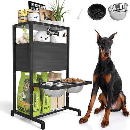 Elevated Dog Bowls: Height Adjustable Raised Dog Stand (4.5'' to 12'') 2 * 1700ml Stainless Steel Bowls + Slow Feeder, Feeding Station w/Storage Organizer & Toy Basket for Medium/Large Breeds