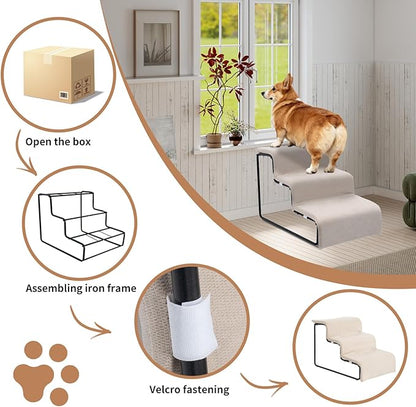 Stairs for Dogs to get on Bed 3-Step Pet Ramp for High Beds Sponge Dog Ramp Non-Slip Washable Cover The Sturdy Iron Frame with Anti-Slip Points Ideal for Small Dogs Cats Senior Pets with Joint Issues