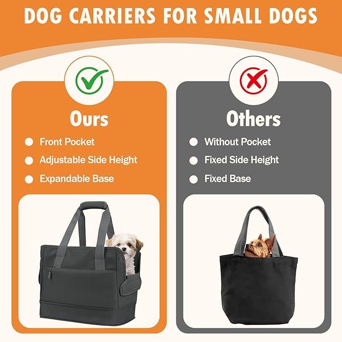 Dog Purse Carrier for Small Dogs Under 10 lbs with Pockets Adjustable Soft Sided Pad Extendable Dog Carriers Tote for Puppies with Safety Leash Clip for Travel Shopping (Dark Gray)