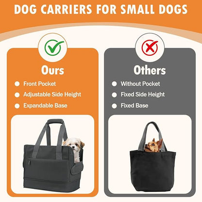 Dog Purse Carrier for Small Dogs Under 10 lbs with Pockets Adjustable Soft Sided Pad Extendable Dog Carriers Tote for Puppies with Safety Leash Clip for Travel Shopping (Dark Gray)