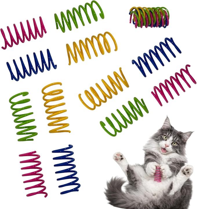 Cat Spring Toys for Indoor Cats and Kittens, 12 Pack Colorful Plastic Spiral Coil Springs, Interactive Toys for Swatting, Biting, Chasing & Hunting, Durable Lightweight Bouncy Toys for Self Play
