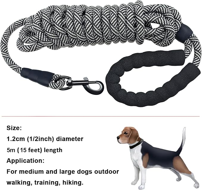 MayPaw Heavy Duty Rope Dog Leash, 3/4/5/6/7/8/10/12/15/20/30 FT Long Dog Lead Nylon Pet Leash, Soft Padded Handle Thick Lead Training Leashes for Large Medium Dogs (15ft * 1/2", Black)