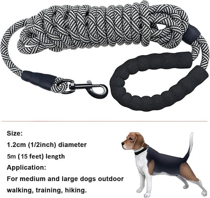 MayPaw Heavy Duty Rope Dog Leash, 3/4/5/6/7/8/10/12/15/20/30 FT Long Dog Lead Nylon Pet Leash, Soft Padded Handle Thick Lead Training Leashes for Large Medium Dogs (15ft * 1/2", Black)