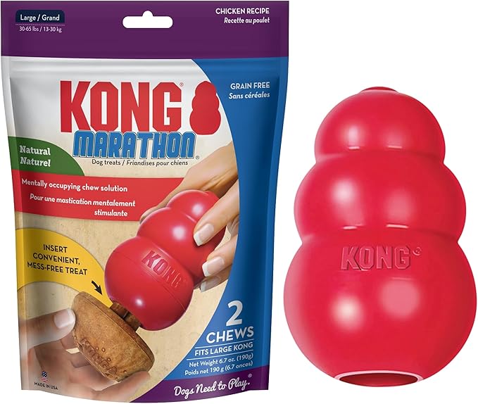 KONG Classic Stuffable Dog Toy & KONG Marathon Chicken-Flavored Treats (2 Pack) - Fetch & Chew Toy for Dogs - With Dog Toy Filler Treat - For Hours of Fun & Enrichment - For Medium Dogs