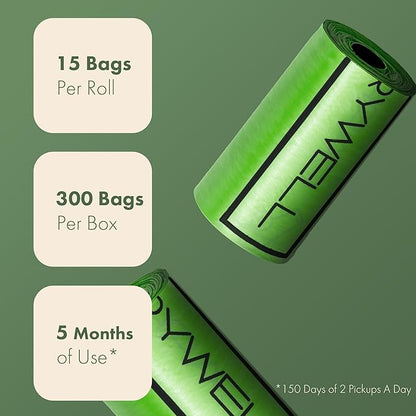 (Not Made In China) Dog Poop Bag Rolls 300 Count, Biodegradable, Leak Proof and Extra Thick Refill Bags For Dogs and Cats, Unscented Earth Friendly Waste and Doggy Litter Bag