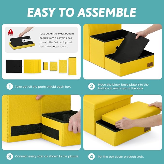 Dog Stairs with Storage, 4-Step Wider Sturdy Dog Steps for Small/Medium/Large Dogs and Older Cats, Folding Doggie Ramp for Bed/Couch/Car Hold Up to 180 lbs (22" H, Yellow)