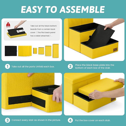 Dog Stairs with Storage, 4-Step Wider Sturdy Dog Steps for Small/Medium/Large Dogs and Older Cats, Folding Doggie Ramp for Bed/Couch/Car Hold Up to 180 lbs (22" H, Yellow)