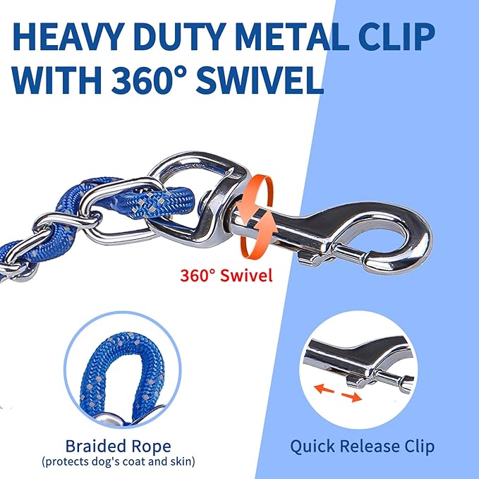 HOMIMP Heavy Duty Chew Proof Leash 4 FT, Reflective for Medium Large Dogs, Metal Training With Soft Padded Handle, Strong Rope for Night Walking, Blue