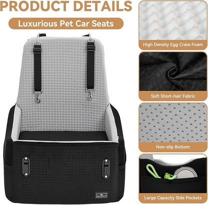PETSFIT Dog Car Seat for Small/Medium Dogs Up to 35 lbs – Patented Safety System, 6" Memory Foam Pet Booster Car Seat, Fully Detachable and Washable Dog Carseat with 2 Storage Pockets (Black & Grey)