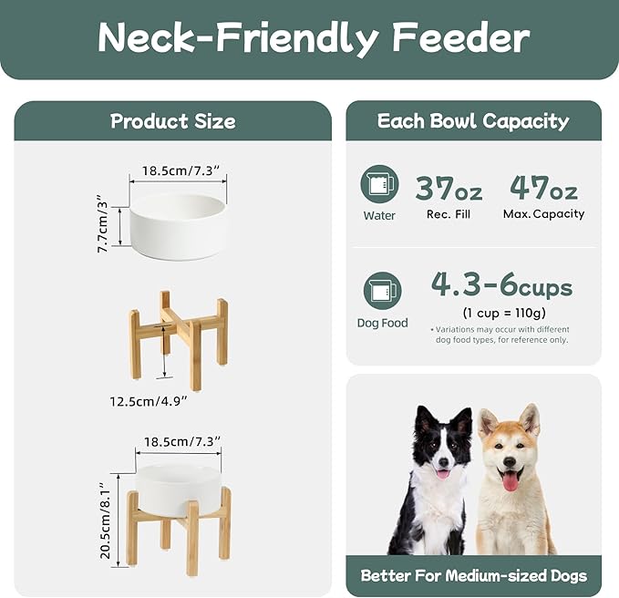 Ceramic Raised Dog Bowl Set, Elevated with Stand, Food and Water Bowl for Medium Breed Dogs, Weighted Dog Dishes, Pet Bowl(7.3'',41OZ, White)