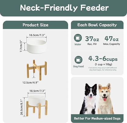 Ceramic Raised Dog Bowl Set, Elevated with Stand, Food and Water Bowl for Medium Breed Dogs, Weighted Dog Dishes, Pet Bowl(7.3'',41OZ, White)
