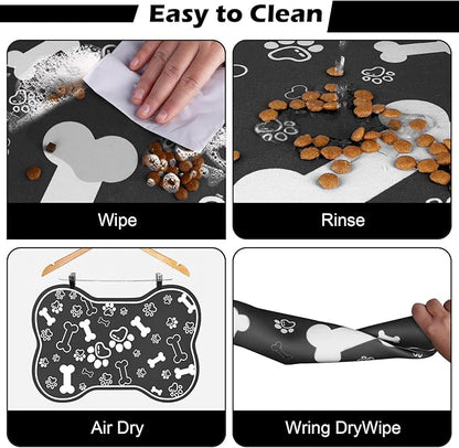 Dog Cat Food Mat,Rapid Absorbent Pet Feeding Mat, Bone Shaped Dog Placemat Water Bowl Mat with Rubber Backing,No Stains Dog Cat Food Mats Indoor, Pet Accessories Supplies 23"x36" Black