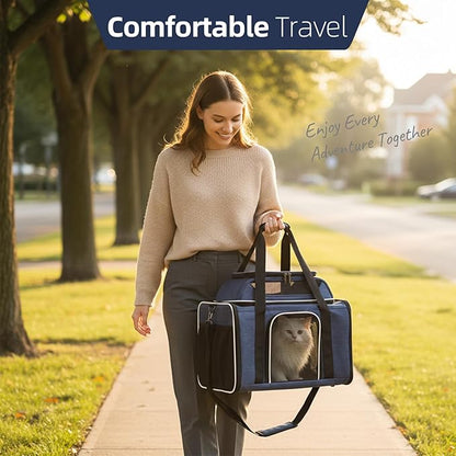 Blue Soft-Sided Pet Carrier for Large Cats & Small Dogs, Airline Approved, with Shoulder Strap & Removable Mat, Breathable Soft Mesh, Comfortable Cat Backpack Carrier