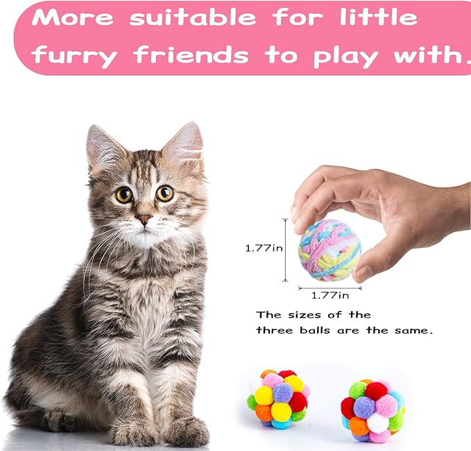 12 Pack 1.7 Inch Cat Toy Balls, Assorted Wool Yarn, Bell & Crinkle Balls for Indoor Cats & Kittens, Interactive Colorful Set