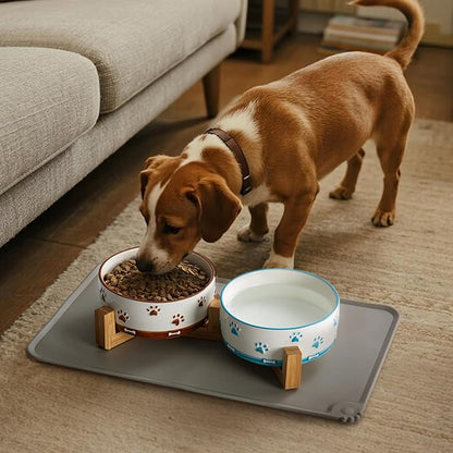 YUN TAO 3.5 Cups Pet Bowls Set of 2 for Medium Dogs,Ceramic Pet Food Water Dish Feeding with Wooden Stand,Cute Puppy Pet Dishes,Includes Non-Slip Silicone Mat