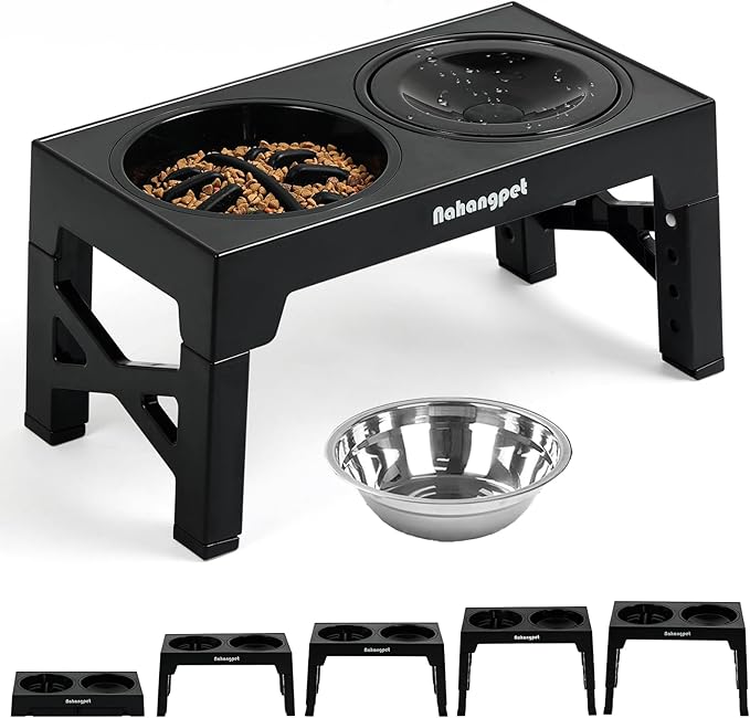 3-in-1 Elevated Slow Feeder Dog Bowls for Food and Water, 5 Heights Adjustable Raised Dog Bowls, Non-Slip, No Spill, for Small Medium Large Dogs and Cats(Black)