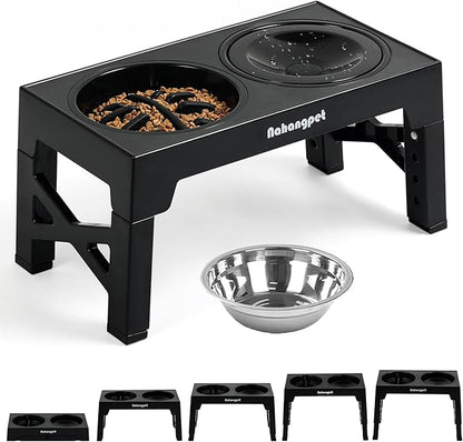 3-in-1 Elevated Slow Feeder Dog Bowls for Food and Water, 5 Heights Adjustable Raised Dog Bowls, Non-Slip, No Spill, for Small Medium Large Dogs and Cats(Black)