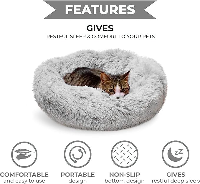 Whiskers & Friends Cat Bed, Cat Beds for Indoor Cats Washable, Orthopedic Soft Fluffy Round Calming Pet Bed for Small to Large Kitty Kittens & Small Dogs - Light Grey-C - 23.00" x 23.00" x 7.00"