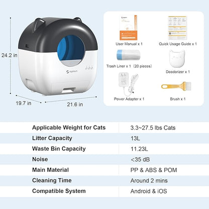 Self Cleaning Litter Box,76L Automatic Cat Litter Box Self Cleaning with APP Control,Low Noise,Safety Protection,Roll Garbage Bags,Deodorizer and Cleaning Brush for Multiple Cats
