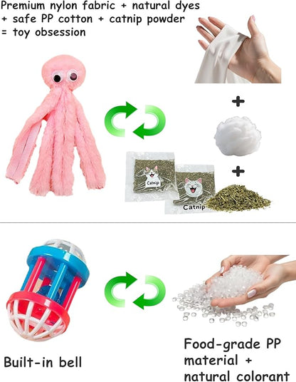 3 Pack Cat Toys Balls Indoor Kitten, Soft Plush Catnip Octopus Toys and Bell Ball for Happy Active Play (1.5'' - 7.4'')