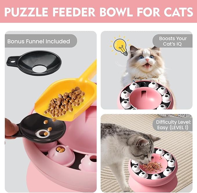 Cat Puzzle Feeder Slow Food Bowl – Interactive Slow Feeder Bowl for Indoor Cats, Treat Dispensing Enrichment Toy,Mental Stimulation and Boredom Relief (Pink)