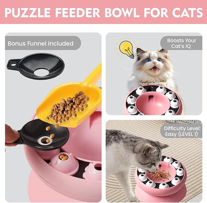 Cat Puzzle Feeder Slow Food Bowl – Interactive Slow Feeder Bowl for Indoor Cats, Treat Dispensing Enrichment Toy,Mental Stimulation and Boredom Relief (Pink)