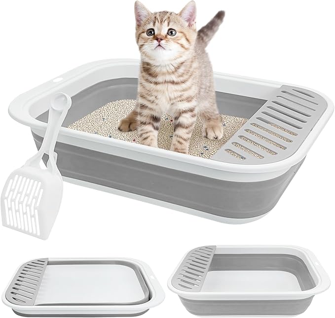 Fhiny Kitten Litter Box Portable Shallow Litter Box 17.7"x13.4"x4.9" Foldable Cat Toilet with Scoop Open Kitty Potty Pan with Litter Drop Pedal Easy to Clean Travel Kitten Toilet(Gray)