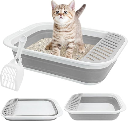 Fhiny Kitten Litter Box Portable Shallow Litter Box 17.7"x13.4"x4.9" Foldable Cat Toilet with Scoop Open Kitty Potty Pan with Litter Drop Pedal Easy to Clean Travel Kitten Toilet(Gray)