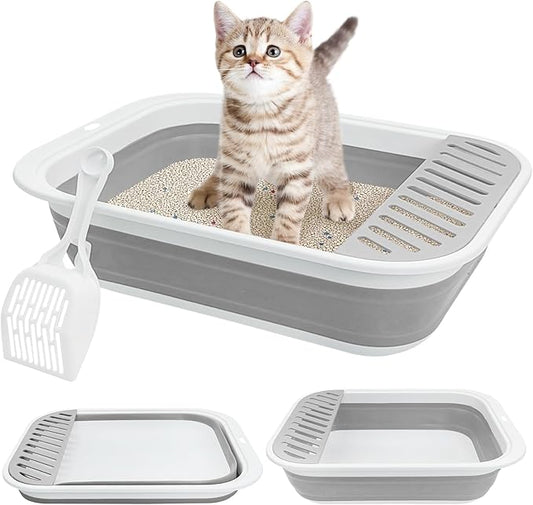 Fhiny Kitten Litter Box Portable Shallow Litter Box 17.7"x13.4"x4.9" Foldable Cat Toilet with Scoop Open Kitty Potty Pan with Litter Drop Pedal Easy to Clean Travel Kitten Toilet(Gray)