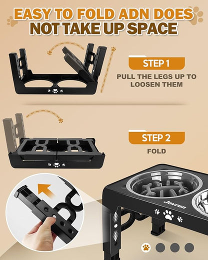Elevated Dog Bowls for Medium Large Size Dogs, Non-Slip Dog Feeder with 1*Stainless Steel Dishes & 1*Slow Feeder Bowl, 5 Heights Adjustable Raised Bowls to 3.15″-8.66″-9.84″-11.02″-12.2″