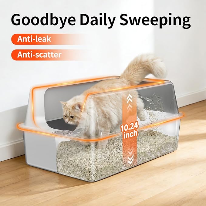 2 Pack XL Stainless Steel Litter Box with High Sides Shield for Multi Cat, Extra Large Tall Wall Open Top Deep Metal Pan for Big Cats, Anti-Leak Non-Stick Odor Control, 2 Scoops Included, Gray