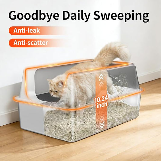 2 Pack XL Stainless Steel Litter Box with High Sides Shield for Multi Cat, Extra Large Tall Wall Open Top Deep Metal Pan for Big Cats, Anti-Leak Non-Stick Odor Control, 2 Scoops Included, Gray