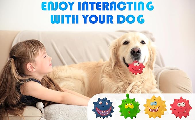 TTCOLATOPIA 4Pcs Squeaky Dog Toys Set - Natural Latex Rubber Balls for Large, Medium, Small Dogs - Aggressive Chewers Friendly - Cute Faces for Fun