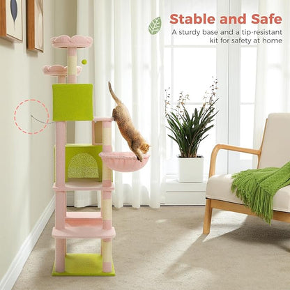 Flower Cat Tree Tall 70.8" for Adult Indoor Cats, 8-Levels Large Cat Tower with 8 Sisal Posts, 2 Hammocks, 2 Condos, Big Perch & 3 Pom Poms for Multi-Cats Household – Carpet Pink