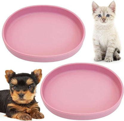 Fhiny 2 PCS Silicone Cat Food Bowls Shallow Dog Bowl 7" Non-Slip Pet Feeding Dishes for Dry and Wet Food Whisker Fatigue Cat Plates for Kitten Puppy and Small Pets (Pink)
