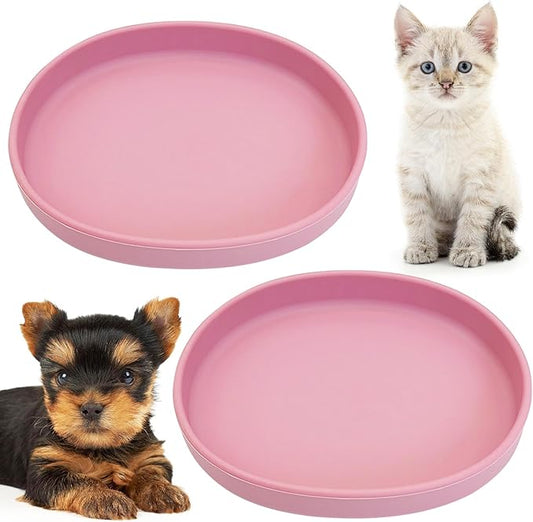 Fhiny 2 PCS Silicone Cat Food Bowls Shallow Dog Bowl 7" Non-Slip Pet Feeding Dishes for Dry and Wet Food Whisker Fatigue Cat Plates for Kitten Puppy and Small Pets (Pink)