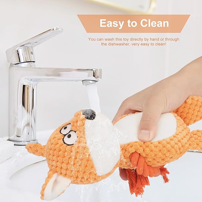 Dog Toys, Dog Squeaker Toys with Crinkle Paper, Stuffed Animal Dog Plush Chewing Toy, Cotton Rope Interactive Toys for Puppy, Small, Middle Dogs (Orange Fox)