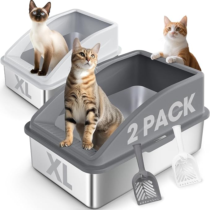 2 Pack Stainless Steel Litter Box | XL Enclosed Cat Litter Boxes with Lid for Big Cats and Multi-Cats | High Sided, Anti-Urine Leakage | Non-Stick Bottom（Multi-Colored）