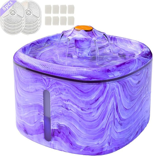 Cat Water Fountain Purple: Automatic Flower Pet Water Fountain for Cats Indoor-84oz/2.5L, Cute Cat Fountain for Drinking, LED Blue Light, Upgraded Ultra Quiet Pump, Gifts for Cats, Dogs (8Filters)