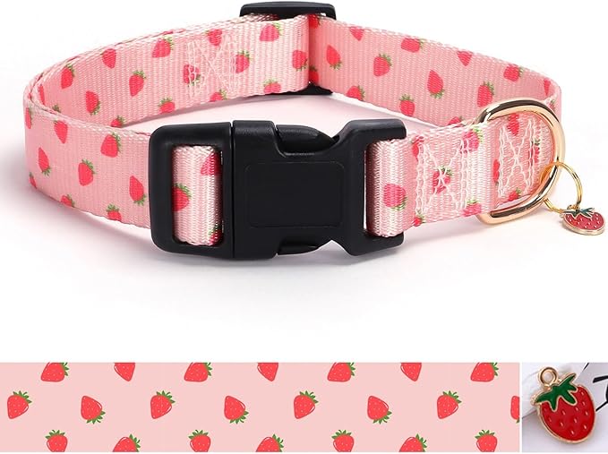 Pink Strawberry Pattern Dog Collar with Buckle Adjustable Safety Nylon Collars for Small Medium Large Dogs, Cute Stylish Girl Boy Christmas Dog Collar(Pink Strawberry,L)