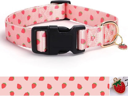 Pink Strawberry Pattern Dog Collar with Buckle Adjustable Safety Nylon Collars for Small Medium Large Dogs, Cute Stylish Girl Boy Christmas Dog Collar(Pink Strawberry,L)