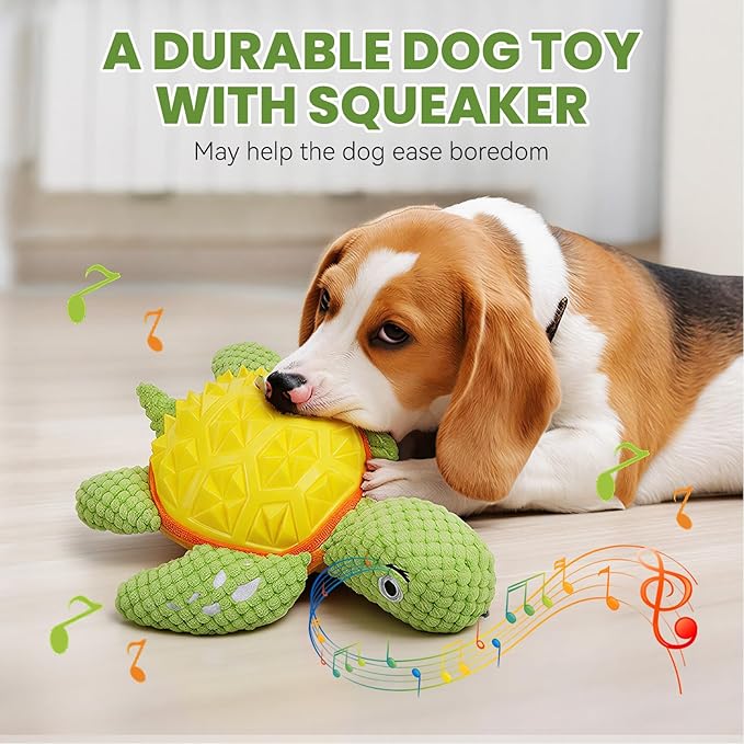 A Durable Dog Toy with Squeaker, Cute Turtle Design with Bright Color, Good for Both Chewing and Playing, 9.4 inches Design is Suitable for Medium and Large Dogs