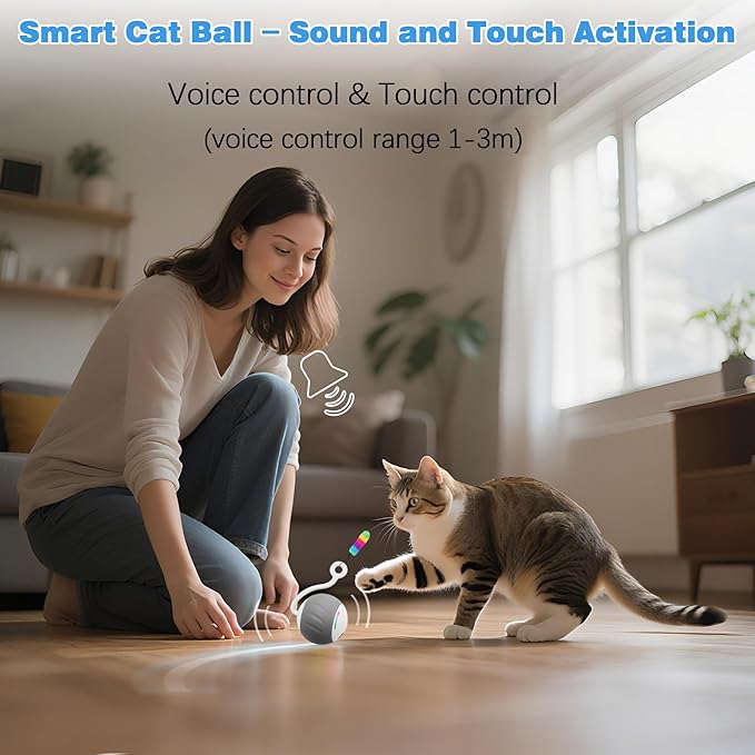 Interactive Cat Toy for Indoor (Sounds&Touch Control) Smart Cat Toys-Automatic Moving Cat Ball Toy-Fast Slow 2Speed with Feathers Tail&Lights for Kittens,Older Cats,Bored Cats,Ferret,USB Rechargeable