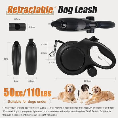 BIGNADO 26ft/8m Retractable Dog Leash with Poop Bag Holder for Medium Large Dogs Up to 110lbs/50kg, Heavy Duty Dog Walking Leash with Anti-Slip Grip, No-Tangle Leashes, One-Handed Lock - Black