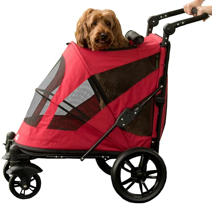 Pet Gear NO-Zip Pet Stroller with Dual Entry, Push Button Zipperless Entry for Single or Multiple Dogs/Cats, Pet Can Easily Walk in/Out, Gel-Filled Tires, Cherry, Excursion