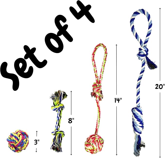 Otterly Pets 4-Pack Puppy Dog Rope Toys for Small to Medium Dogs – Interactive Tug of War Pull Toy for Dogs, Puppy Teething Toys - Machine Washable - Great for Fetch