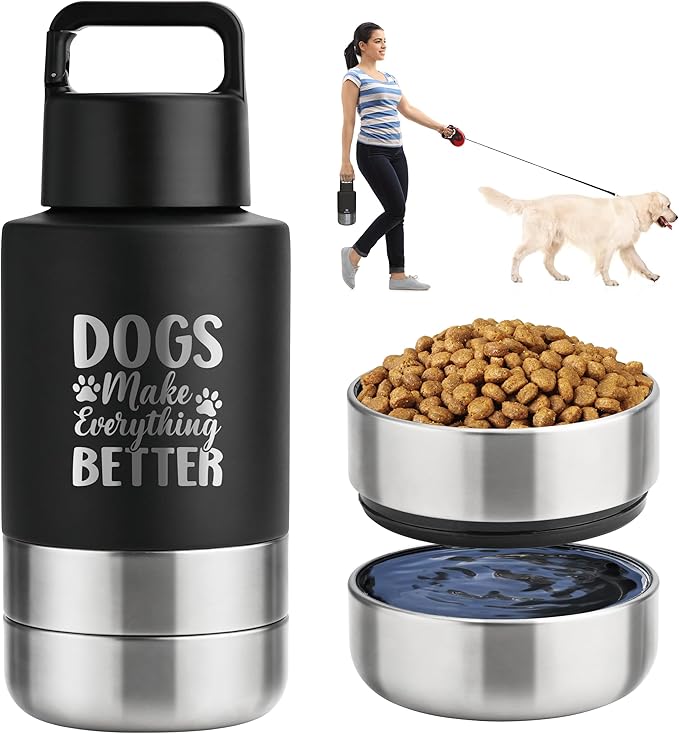 KEWIXY Insulated Dog Travel Water Bottle With Detachable Bowls, Ideal Gifts for Dog Lovers, Portable Water Bottle Dispenser, For Walking, Hiking, Camping, Outdoor (Black:Dogs Better, 32 Oz)